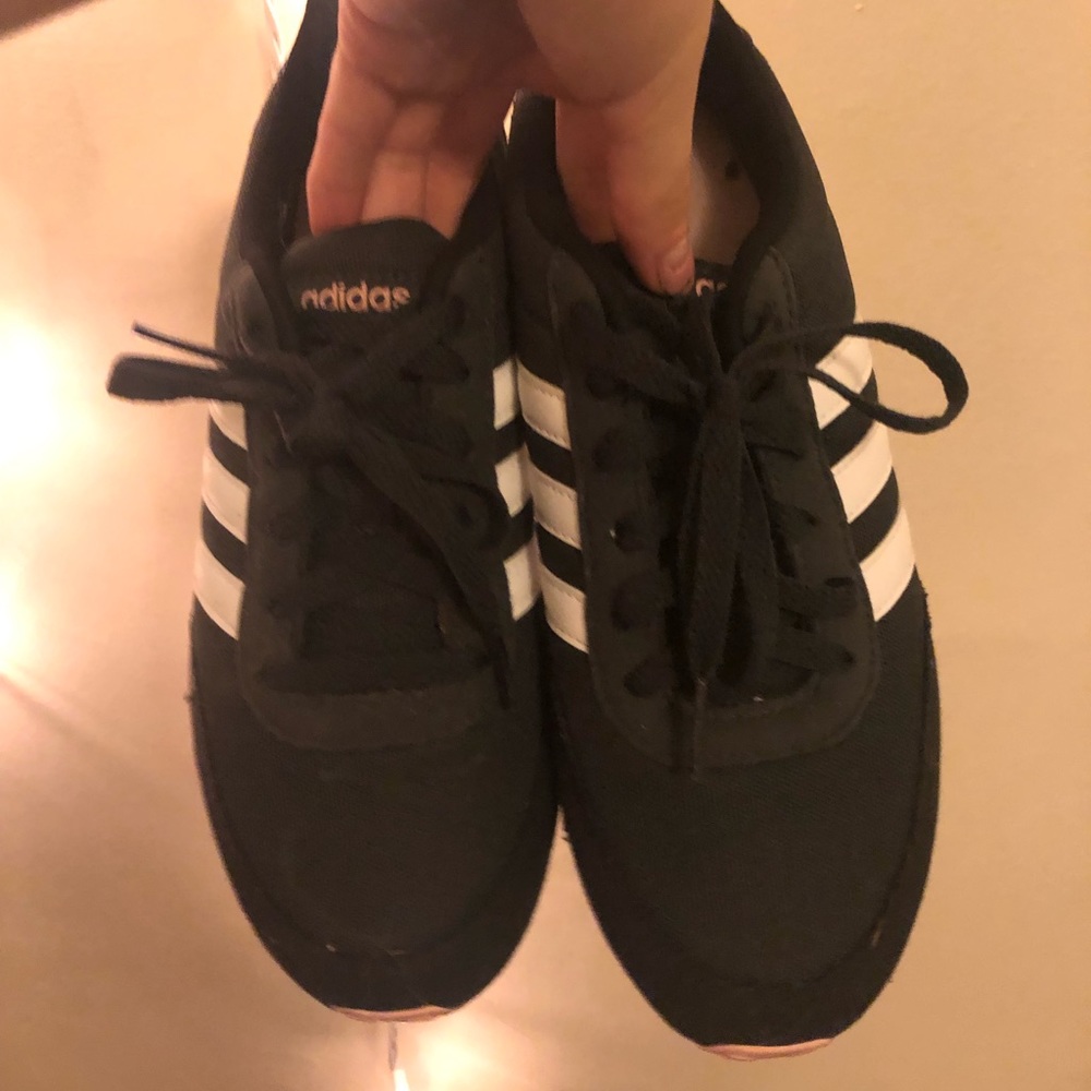 Adidas pink, black, and white sneakers